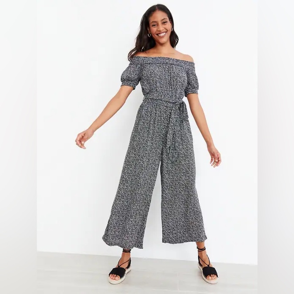 Old Navy Off Shoulder Dotted Black Jumpsuit with Tie Waist